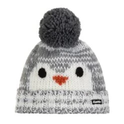 Eisbär Wintermütze (Pompon) Rico - Mit Pinguinmotiv - Weiss/grau - Kinder