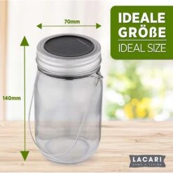 LACARI Solarglas-Lampe 450ml (Laterne, 4 LED's Warmweiss, Für Innen Und Außen, Outdoor) 14x7cm - 1 Stück -Günstiges Draussen Herz Geschäft Lacari Solar Glas Beleuchtung 2 788x788 1