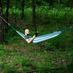 Nils Camp Hängematte NC9003 (Baumwoll-/Polyestermix, Haltbar, Leicht Aufzuhängen) Blau/weiss 200x120cm -Günstiges Draussen Herz Geschäft Nils Camp NC9003 Haengematte 6 600x600 1