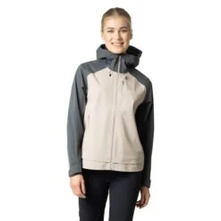 Odlo Wanderjacke Ascent 3-Lagen Mit Kapuze (wasserdicht, Atmungsaktiv Und Leicht) Beige/grau Damen